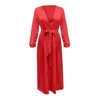 Есенни рокли за жени модерни макси v-neck с дълъг ръкав твърд цвят мини рокля червен xl