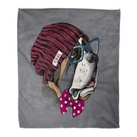 Хвърлете одеяло топло уютно печат фланелен портрет на куче Сейнт Бернар в хипстър Плетна визитна шапка Полка точка Основи Очила удобно меко за диван и диван