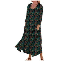 Стронгтен женски небрежен комфортен флорален три четвърт ръкав памучен джобни рокли Макси рокли за жени