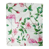 Flannel Throing Одеяло Зелено розови фламинго в клоните на роза меки за диван и диван в леглото