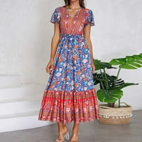 Binmer женска рокля Небрежна пролет и летен флорален печат с кратък ръкав с рокля с глезени