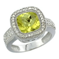 14k бяло злато естествен лимонов кварцов пръстен диамантен акцент, възглавница 9x диамантен акцент, размер 5