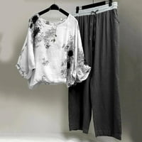 Yinmgmhj Женски модни ежедневни щампи риза с висока талия на талия с джоб с джоб два горни и долни комплекти черно+l