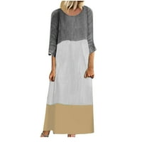Жените Плюс размер хлабав памук бельо удобен Макси рокля клирънс лятото модерен цвят блокиране ръкав кръг врата рокля случайни риза